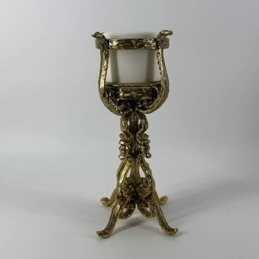 Vintage Ornate Gold Tone‎ Metal Candlestick Holder With White Candle 10